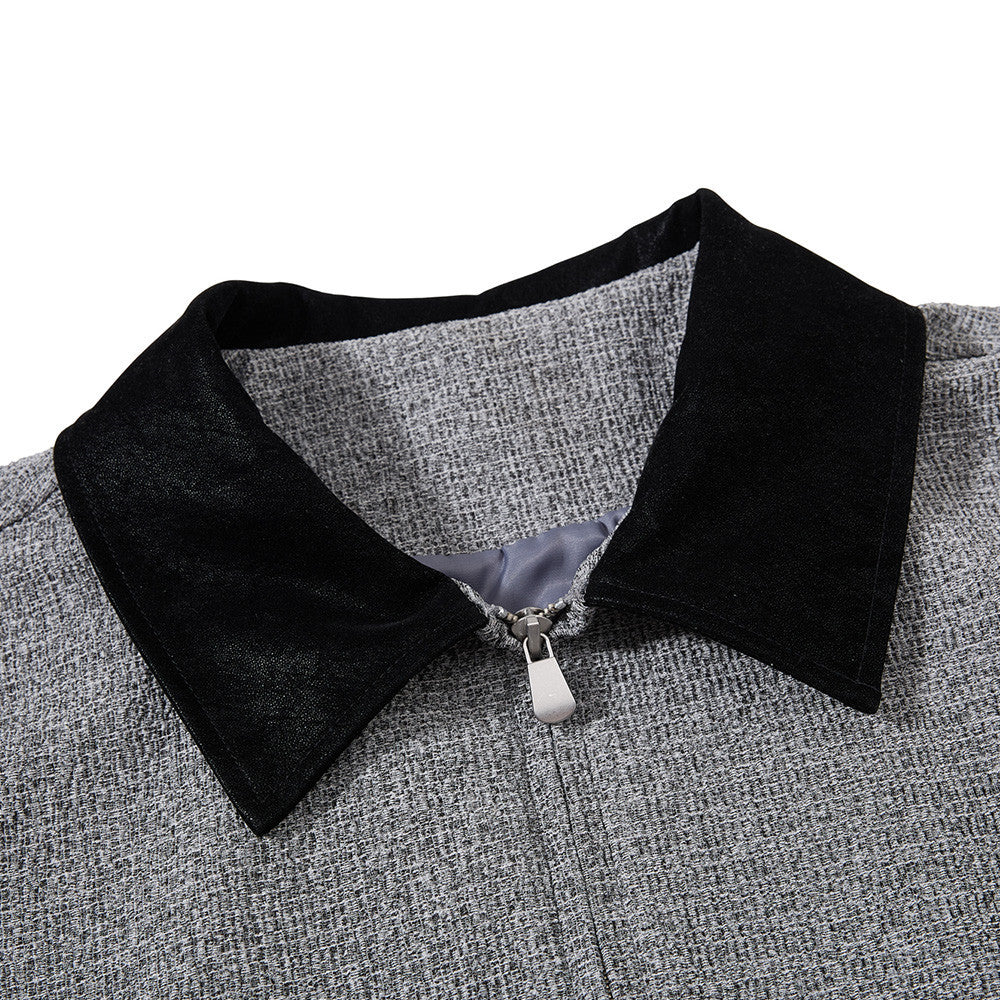 Wolljacke mit Reißverschluss – Herrenjacke aus grauem Tweedgewebe mit kontrastierendem Lederkragen
