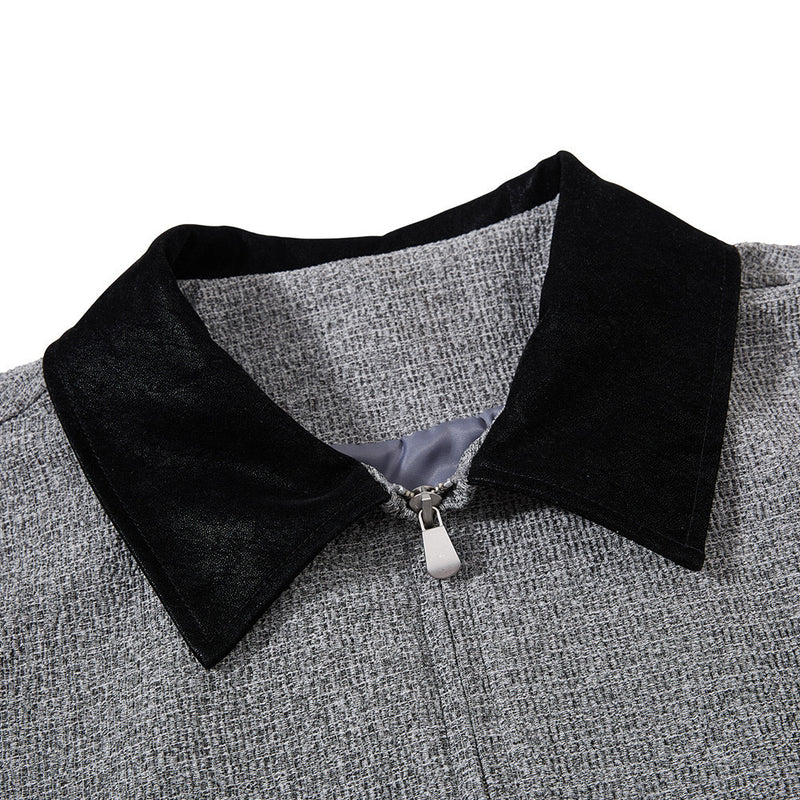 Wolljacke mit Reißverschluss – Herrenjacke aus grauem Tweedgewebe mit kontrastierendem Lederkragen