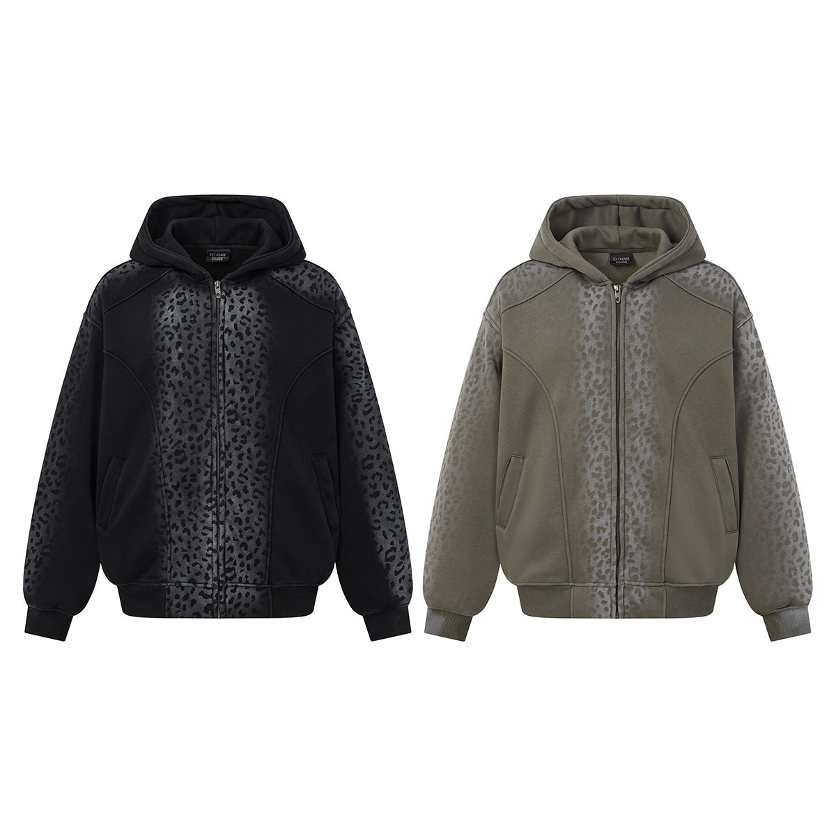 Oversized Leopard Print Zip-Up Hoodie – Fleece-Lined American Streetwear