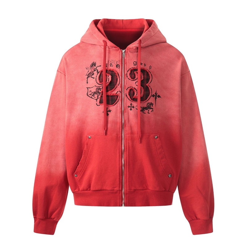 Zip-Hoodie Number 23 mit Karomuster-Applikqué und Stickerei – Gewaschener Streetwear-Look