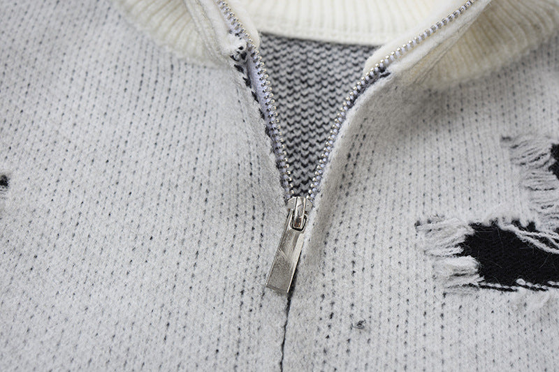 Distressed Cross Knit Cardigan mit Reißverschluss – Oversized Destroyed-Strickmode für