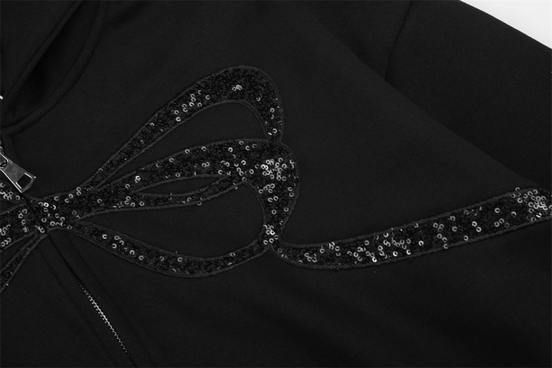 Bow Embroidery Zip-Up Hoodie – Oversized Sequin Ribbon Detail