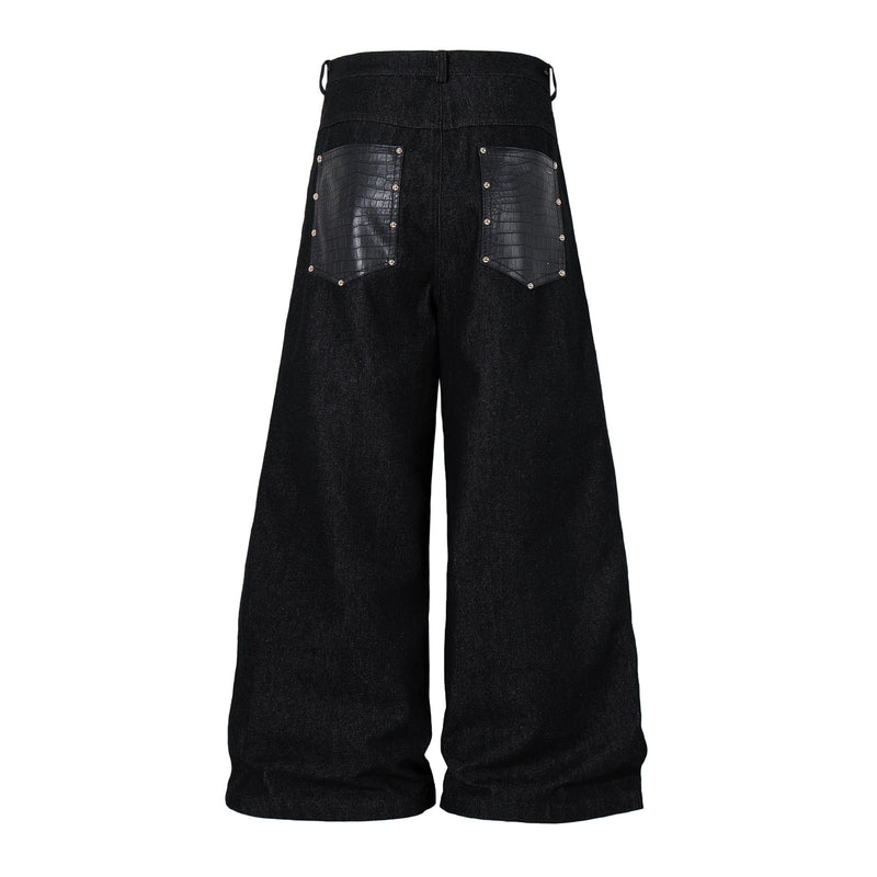 Jean taille haute baggy – Denim noir large avec empiècements effet croco et détails argentés