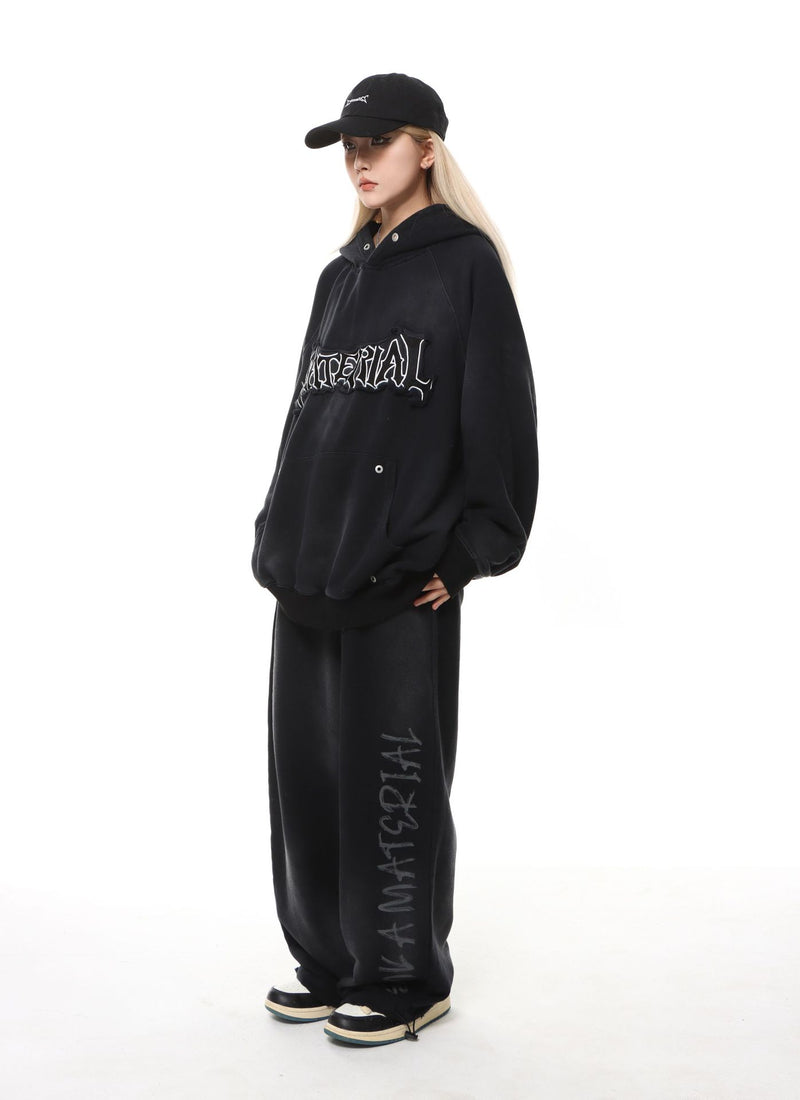 Material Graphic Oversized Hoodie – Washed Heavy Fleece with Embroidered Patch &