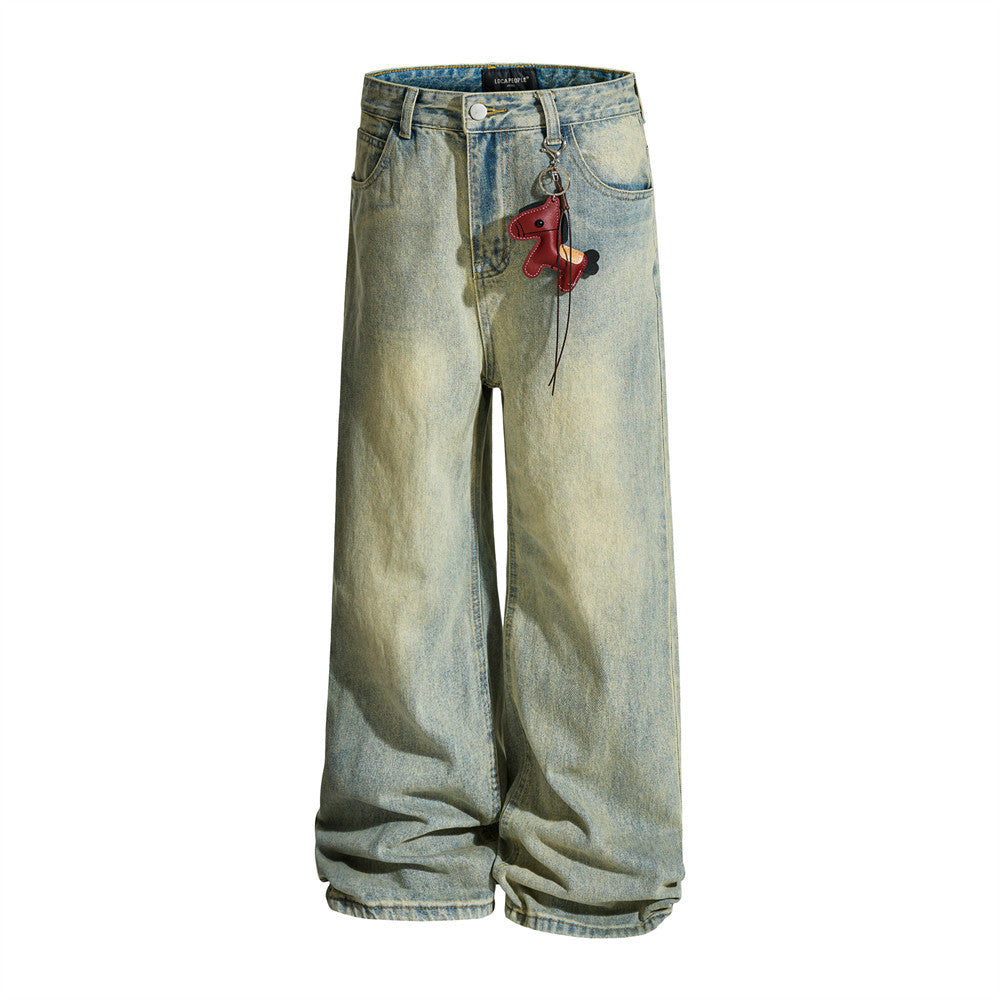 Men's Vintage Washed Wide-Leg Jeans – Relaxed Straight Fit with Horse Charm