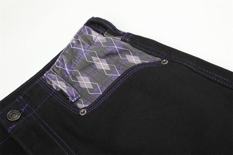 Wide-Leg Jeans with Argyle Patchwork Waistband and Hem Detail