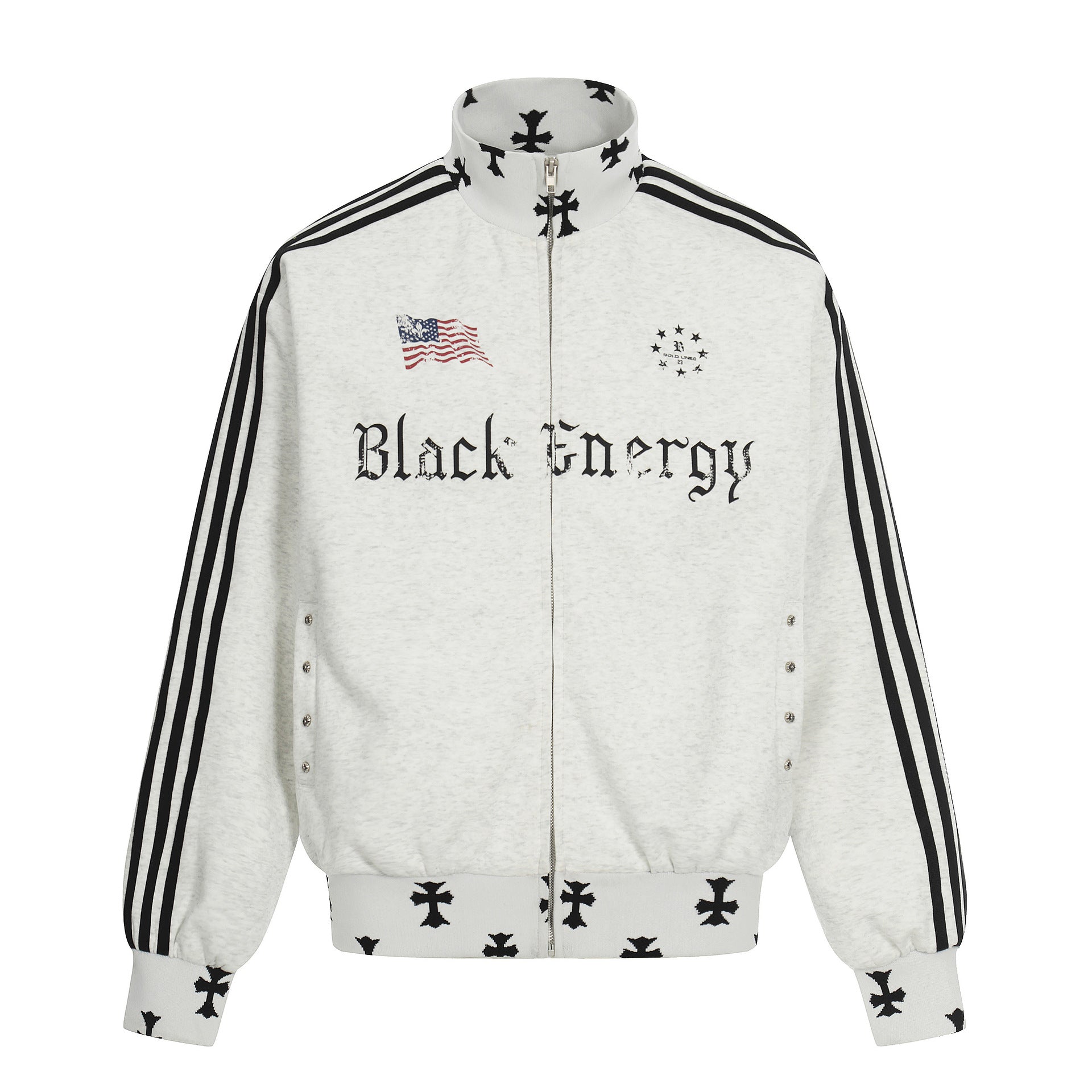 Veste de survêtement noire Black Energy à col montant et zip intégral, manches rayées et croix imprimée
