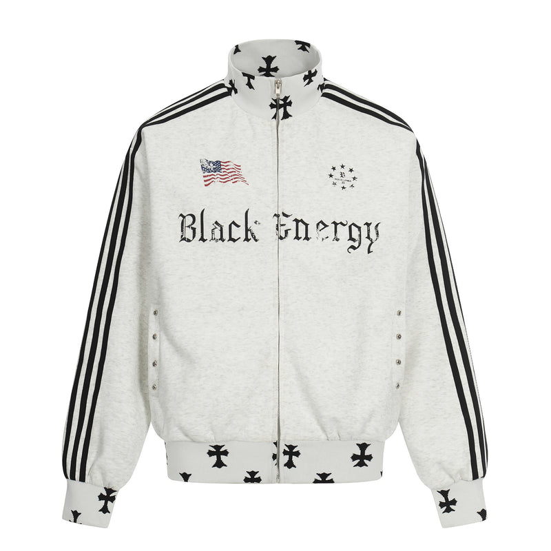 Veste de survêtement noire Black Energy à col montant et zip intégral, manches rayées et croix imprimée