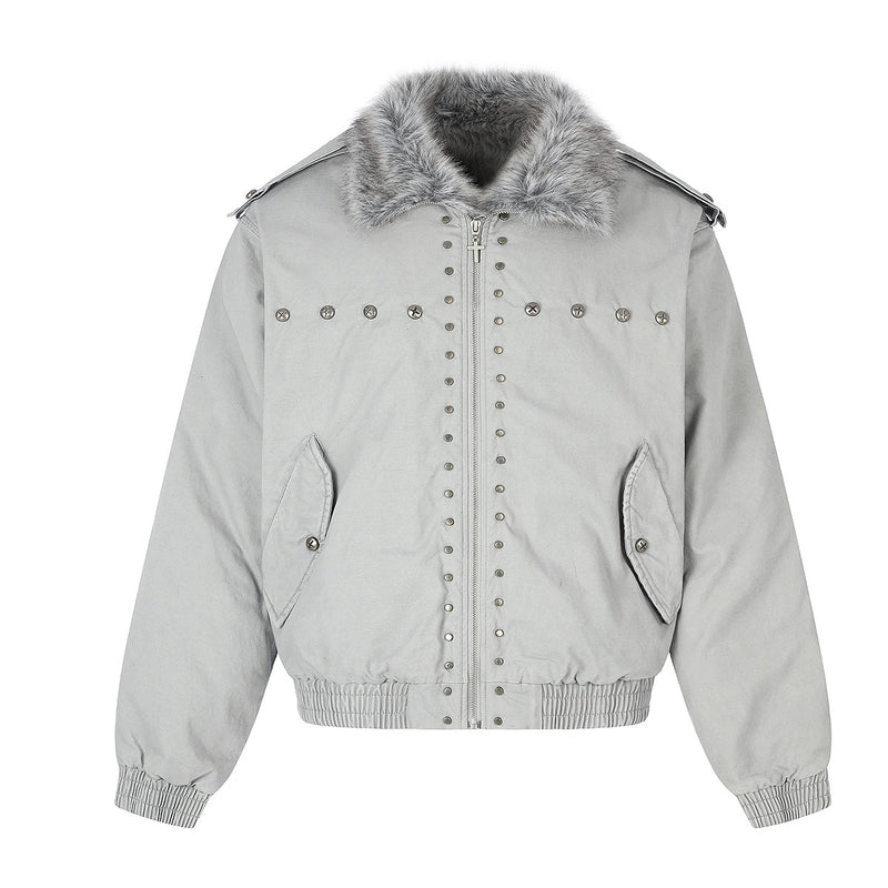 Studded Faux Fur Collar Bomber Jacket – Padded Moto-Inspired Winter Coat