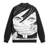 The Premium Obanai Iguro-Inspired Knit Sweater by Demon Slayer features a black and white jacquard design with an abstract face, multicolored eyes, and a mask. The predominantly black background accentuates the bold anime streetwear look on the front of this garment.