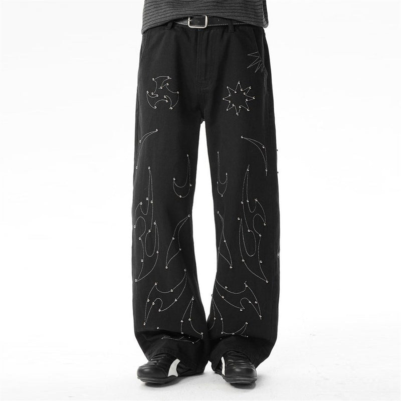 Schwarze Wide-Leg-Hose für Herren – Flammen- und Sternstickerei mit Nieten, gerade geschnitten