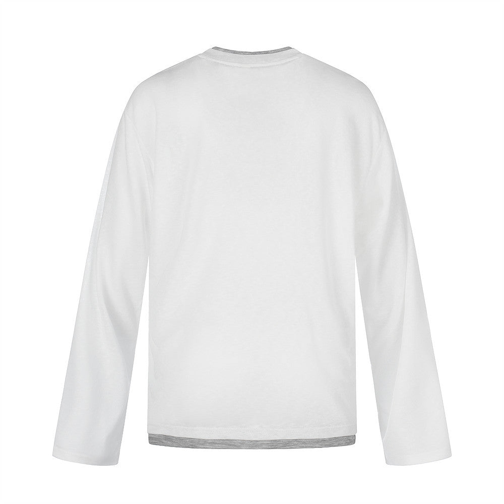 Plain white long sleeve tee shown from the back with gray neckline trim
