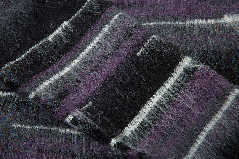 Striped Fuzzy Knit Crew Neck Sweater – Relaxed Fit Mohair-Style Pullover