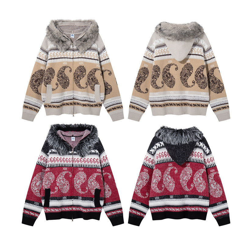 Paisley Fair Isle Knit Zip-Up Hoodie with Faux Fur Trim