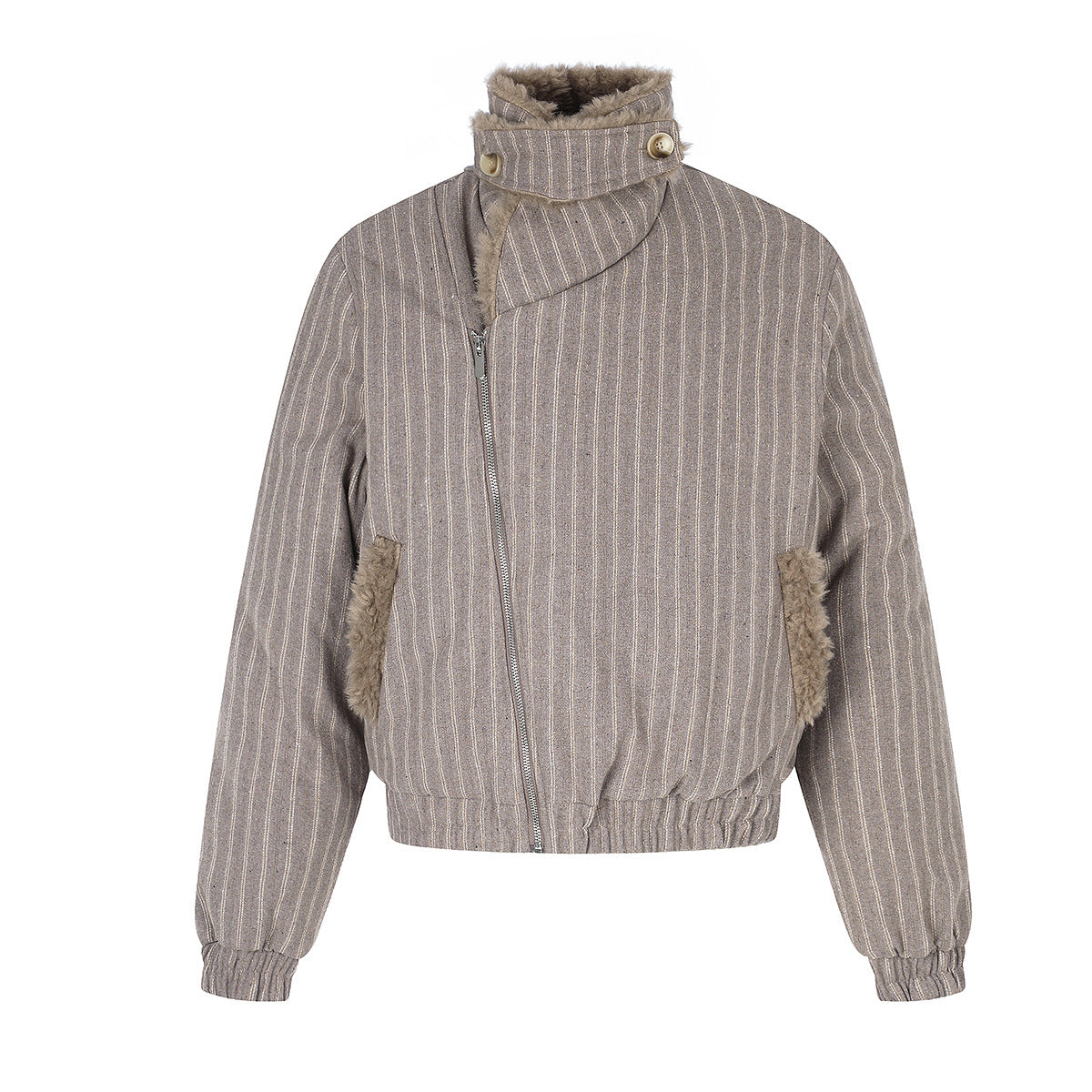 Pinstripe Zip-Up Bomber Jacket with Sherpa Collar & Pocket Trim