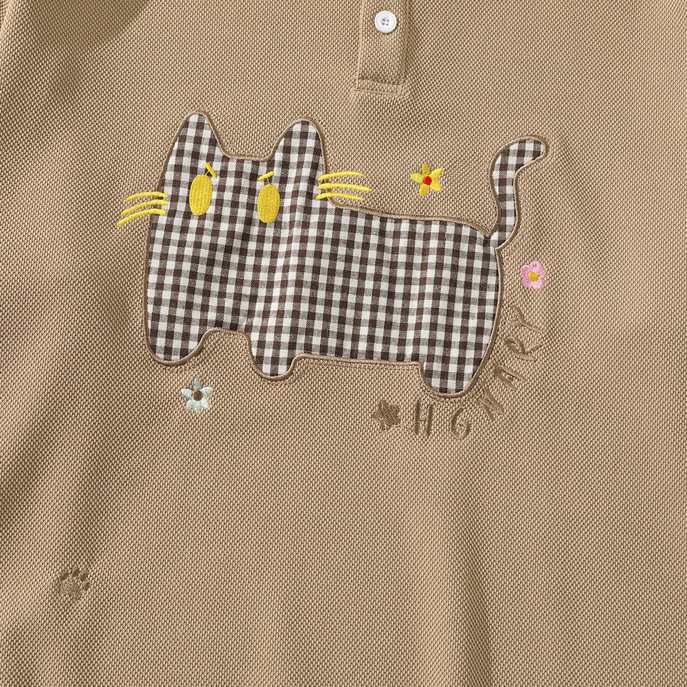 Plaid Collar Cat Embroidery Sweatshirt – Faux Two-Piece Button Polo Men's Top