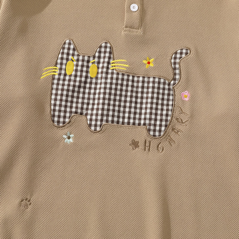 Plaid Collar Cat Embroidery Sweatshirt – Faux Two-Piece Button Polo Men's Top