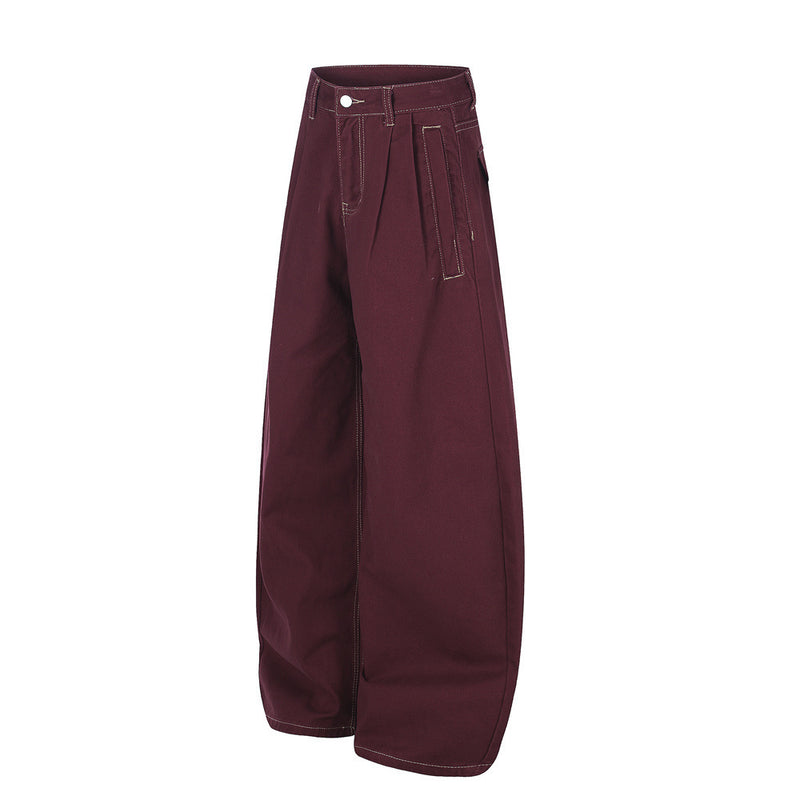 Wide-Leg Pleated Trousers – Curved Barrel Fit with Contrast Stitching