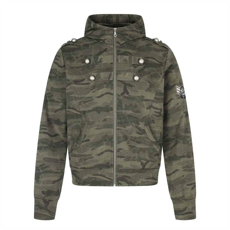 Punk Vintage Camo Zip-Up Hoodie Jacket with Military Buttons