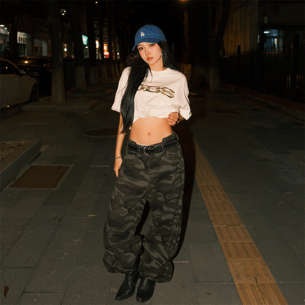 Wide-Leg Camo Cargo Pants – Baggy Fit Dark Green Camouflage Trousers
