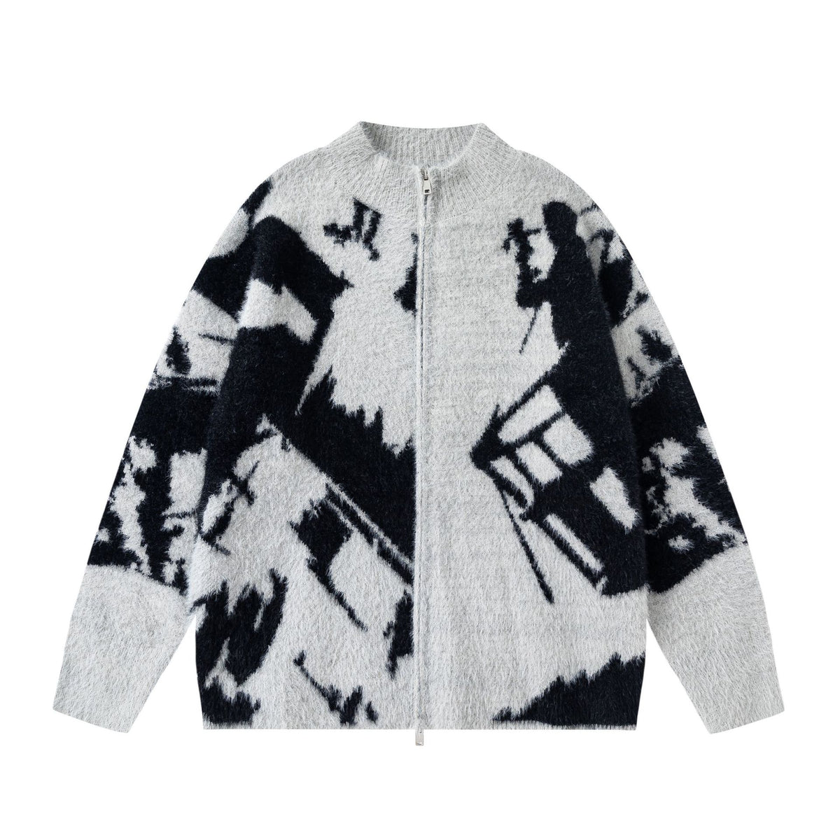 Veste-pull zippée en maille duveteuse grise, imprimé jacquard abstrait bleu marine et blanc, col montant