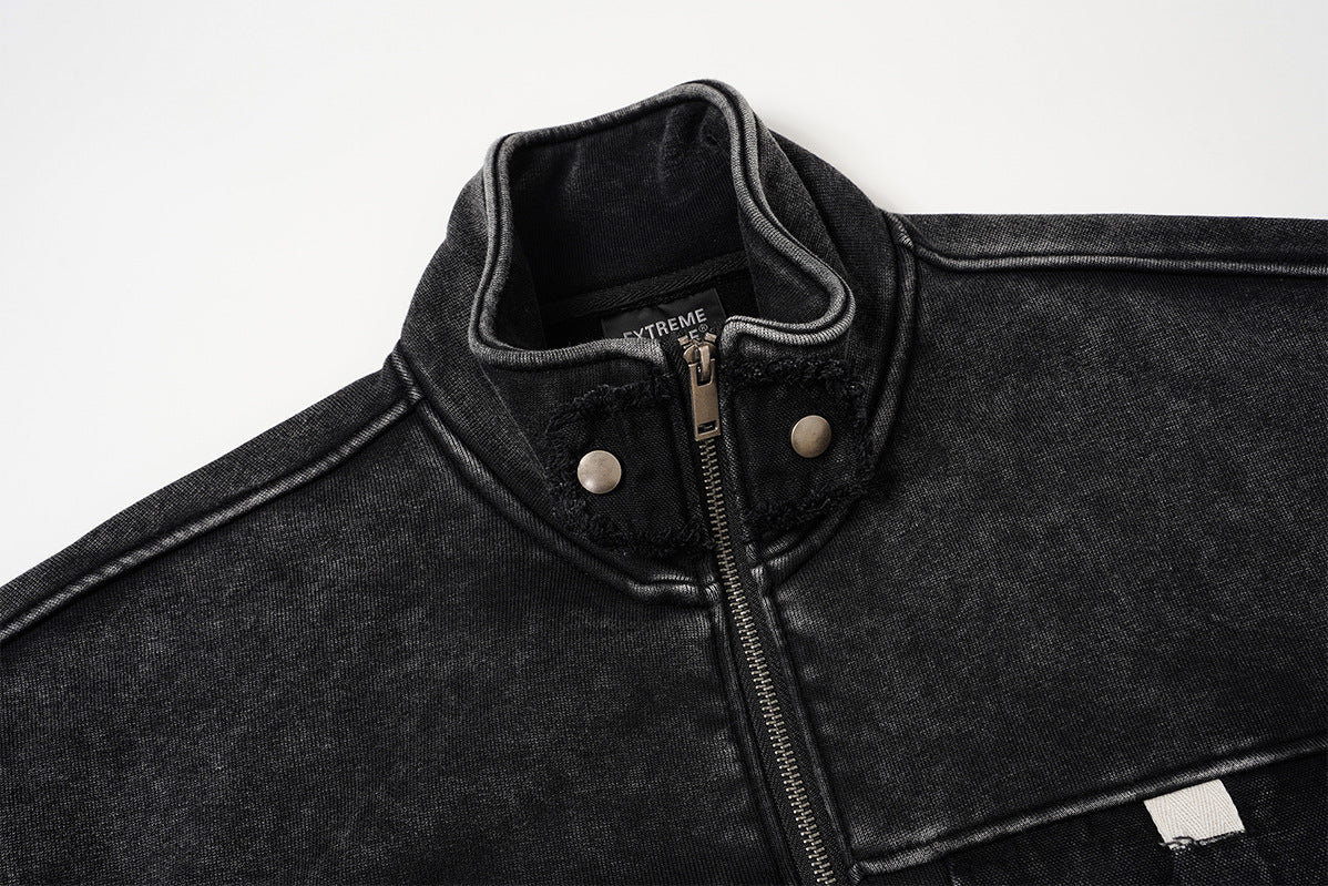 Vintage Washed Fleece-Lined Bomber Jacket – Boxy Fit Men's Zip-Up Outerwear
