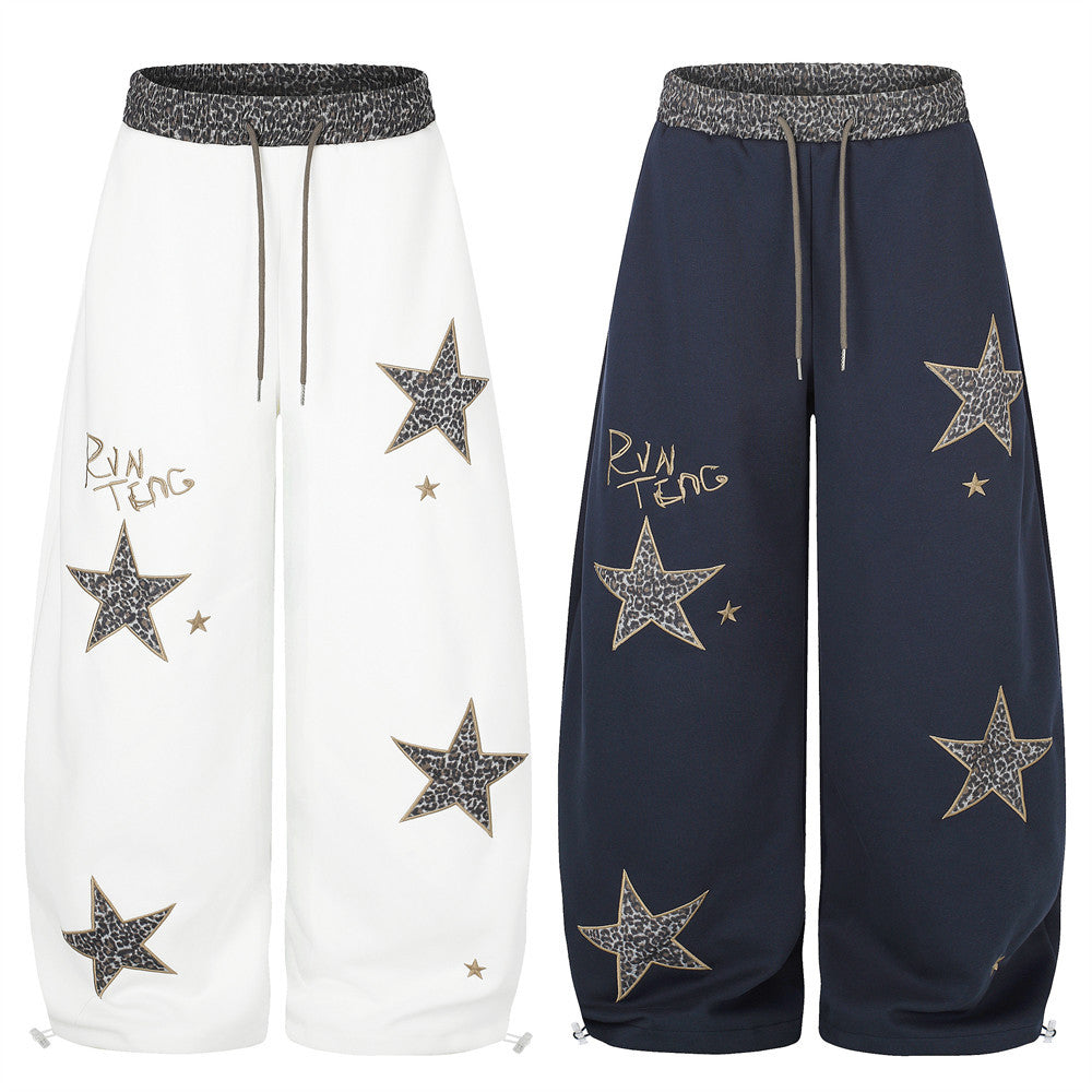Wide Leg Star Patch Sweatpants with Leopard Print Waistband