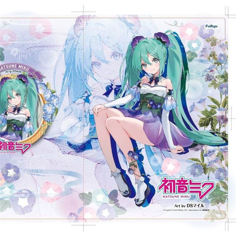 A charming anime character with long teal twin-tails and a colorful dress sits among flowers, having a larger image in the backdrop. The text says &quot;Hatsune Miku&quot; and &quot;Art by DS&