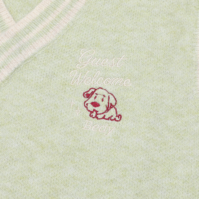 V-Neck Knit Sweater Vest with Irregular Hem & Puppy Embroidery