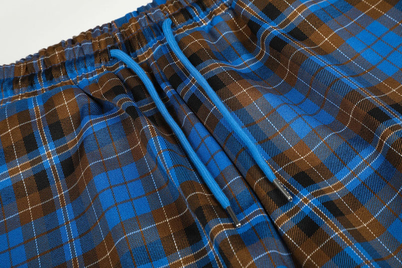 Wide-Leg Plaid Pants – Blue Tartan Baggy Fit with Crest Graphic & Drawstring Hem