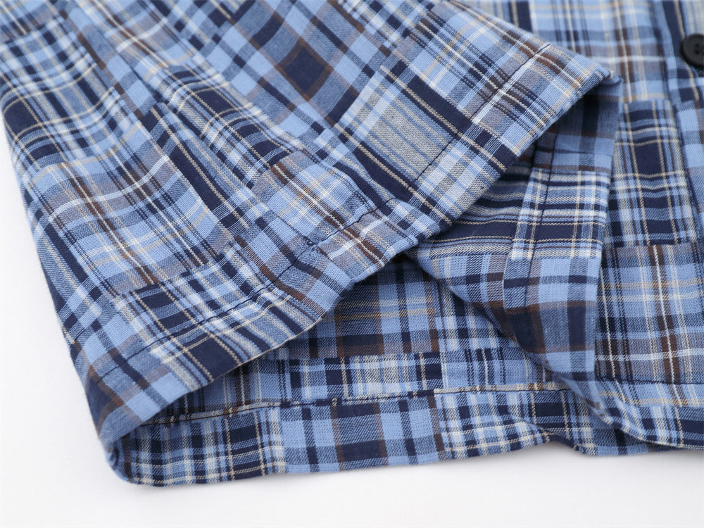 Short Sleeve Shirt Men Patchwork Madras Plaid Oversized Button-Up
