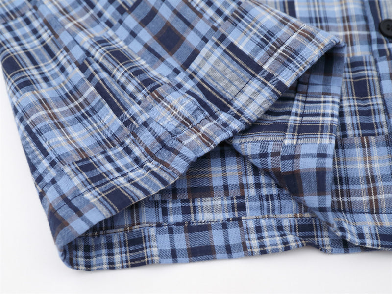 Short Sleeve Shirt Men Patchwork Madras Plaid Oversized Button-Up