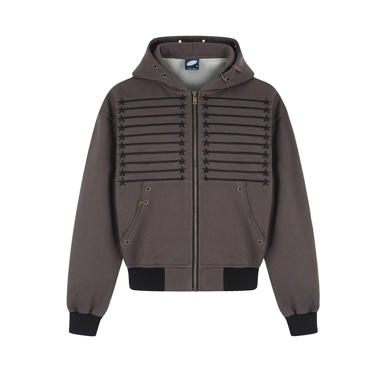 Star & Stripe Embroidered Zip-Up Hoodie with Bomber Ribbed Hem