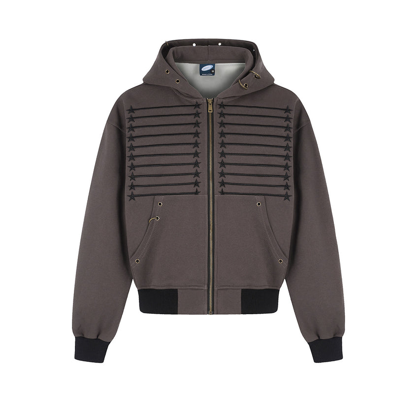 Star & Stripe Embroidered Zip-Up Hoodie with Bomber Ribbed Hem