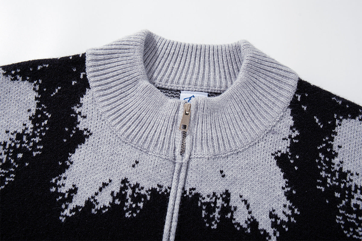 Abstract Bear Jacquard Knit Zip-Up Cardigan Sweater – Oversized High-Street