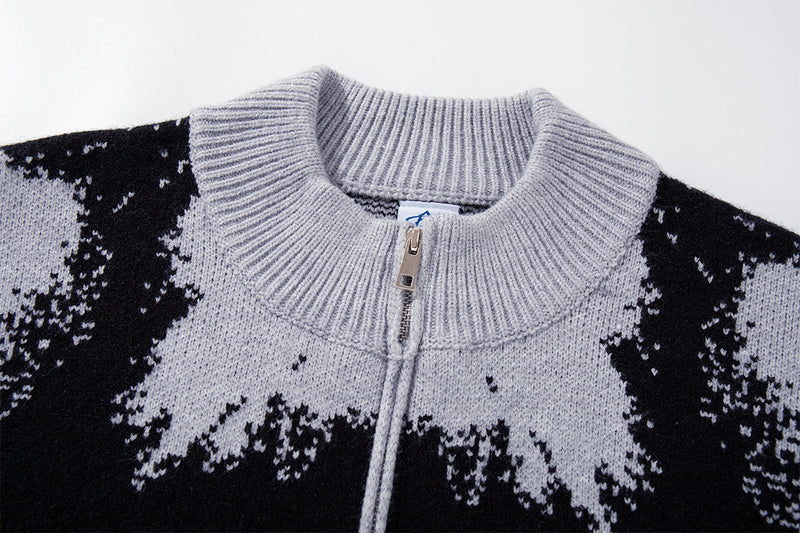 Abstract Bear Jacquard Knit Zip-Up Cardigan Sweater – Oversized High-Street