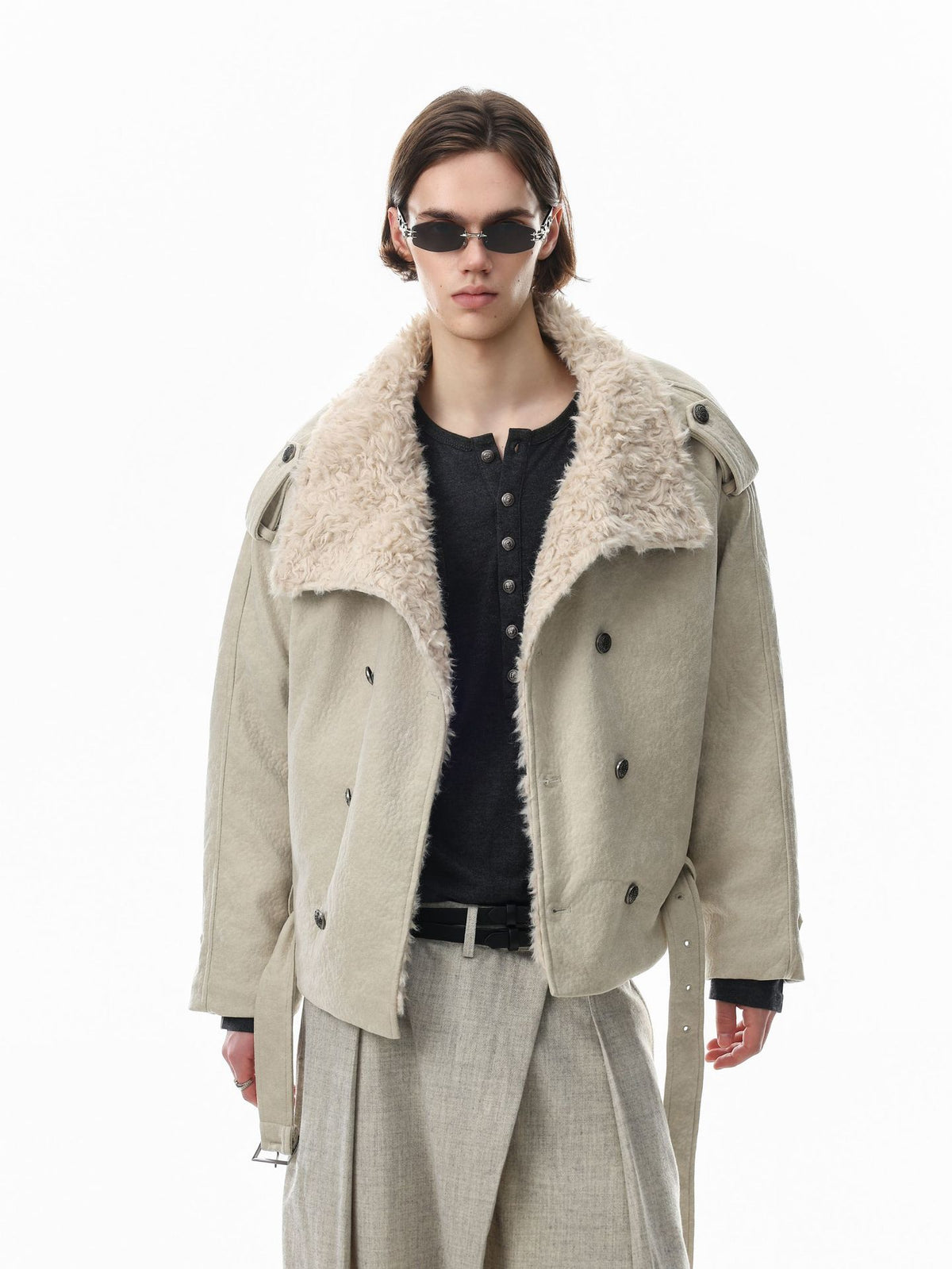 Double-Breasted Shearling-Collar Padded Jacket with Waist Belt