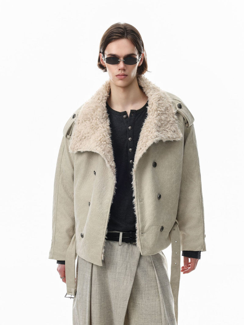 Double-Breasted Shearling-Collar Padded Jacket with Waist Belt