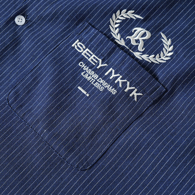 Men's Long Sleeve Striped Shirt with Embroidered Crest Pocket Detail