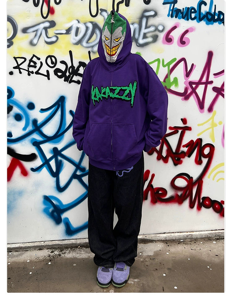 Vom Joker inspirierter Hoodie – Übergroßes, lila Superschurken-Sweatshirt mit Reißverschluss, 400 g/m²