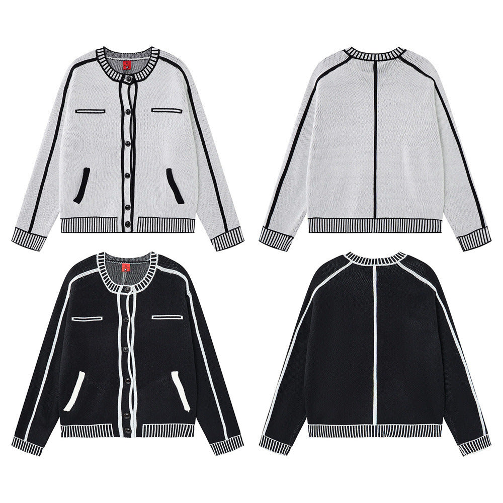 Men's relaxed-fit contrast trim knit cardigan in black and white-grey, button-front with round neck and stripe ribbed hem
