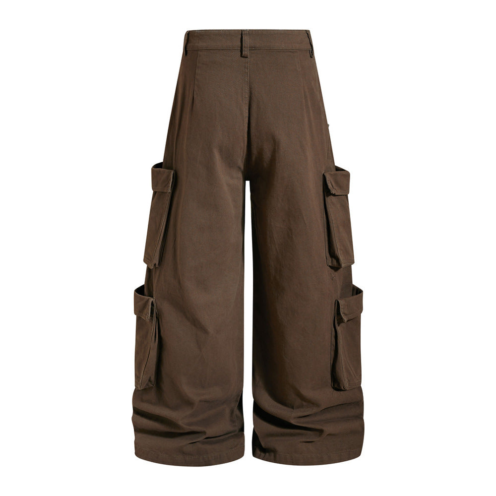 Men's Black Cargo Pants Wide-Leg Script Print with Rivet Detail