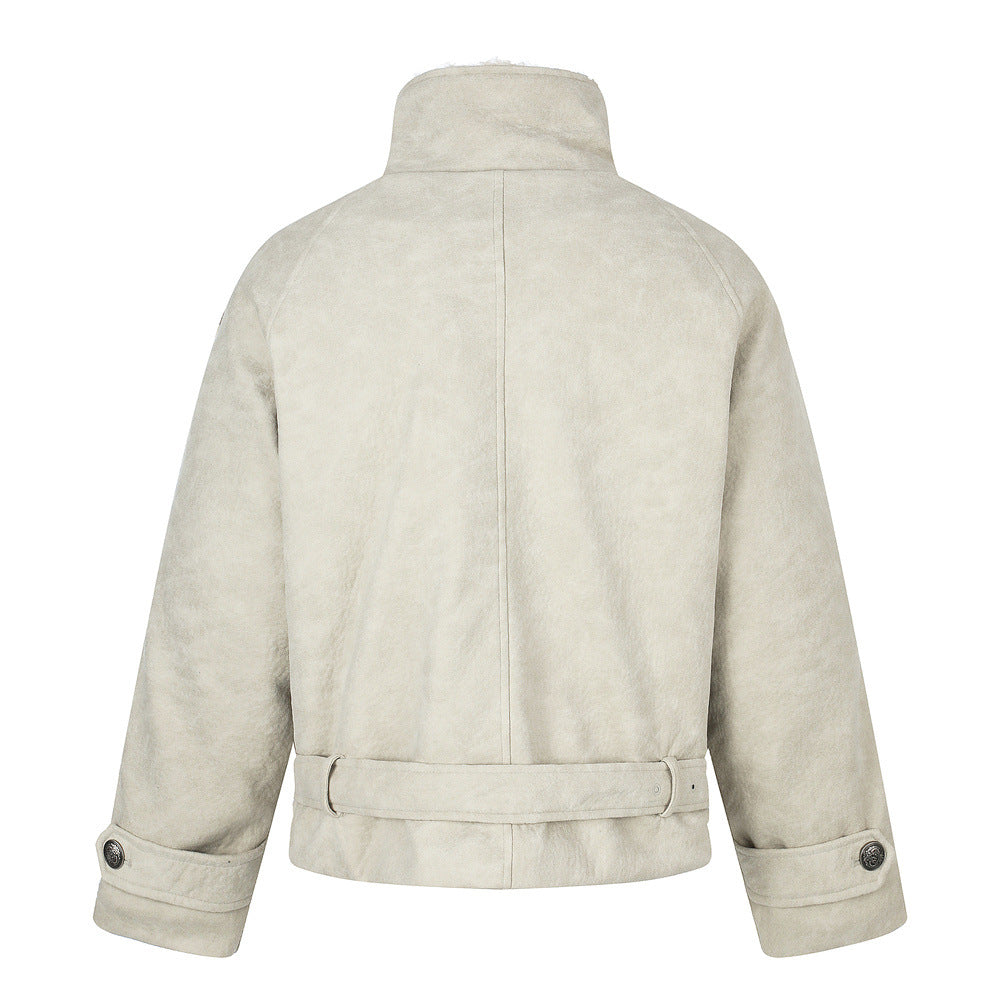 Men's Double-Breasted Sherpa-Collar Belted Jacket with Epaulettes