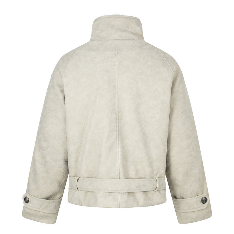 Men's Double-Breasted Sherpa-Collar Belted Jacket with Epaulettes