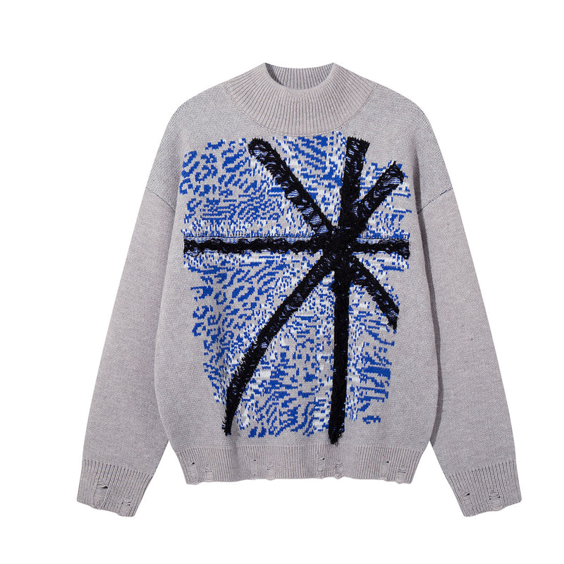 Union Jack Jacquard Knit Sweater – Oversized Crew Neck with Distressed Hem