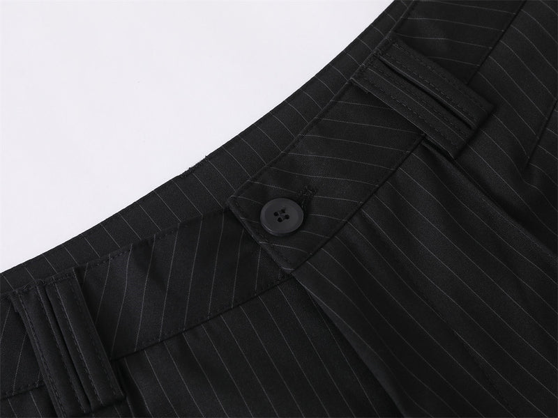 Black Pinstripe Wide-Leg Trousers – Pleated Relaxed Fit Dress Pants