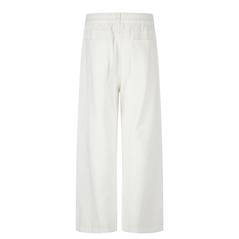 Wide-Leg Straight Casual Pants for Men — Relaxed Fit Pleated Denim Trousers
