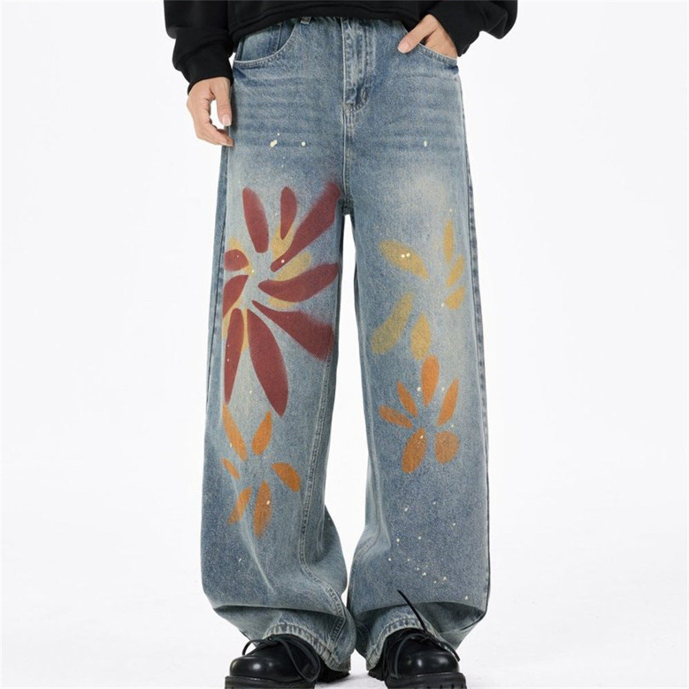 Men's Relaxed Fit Jeans with Floral Graffiti Print – Wide Leg Straight Denim