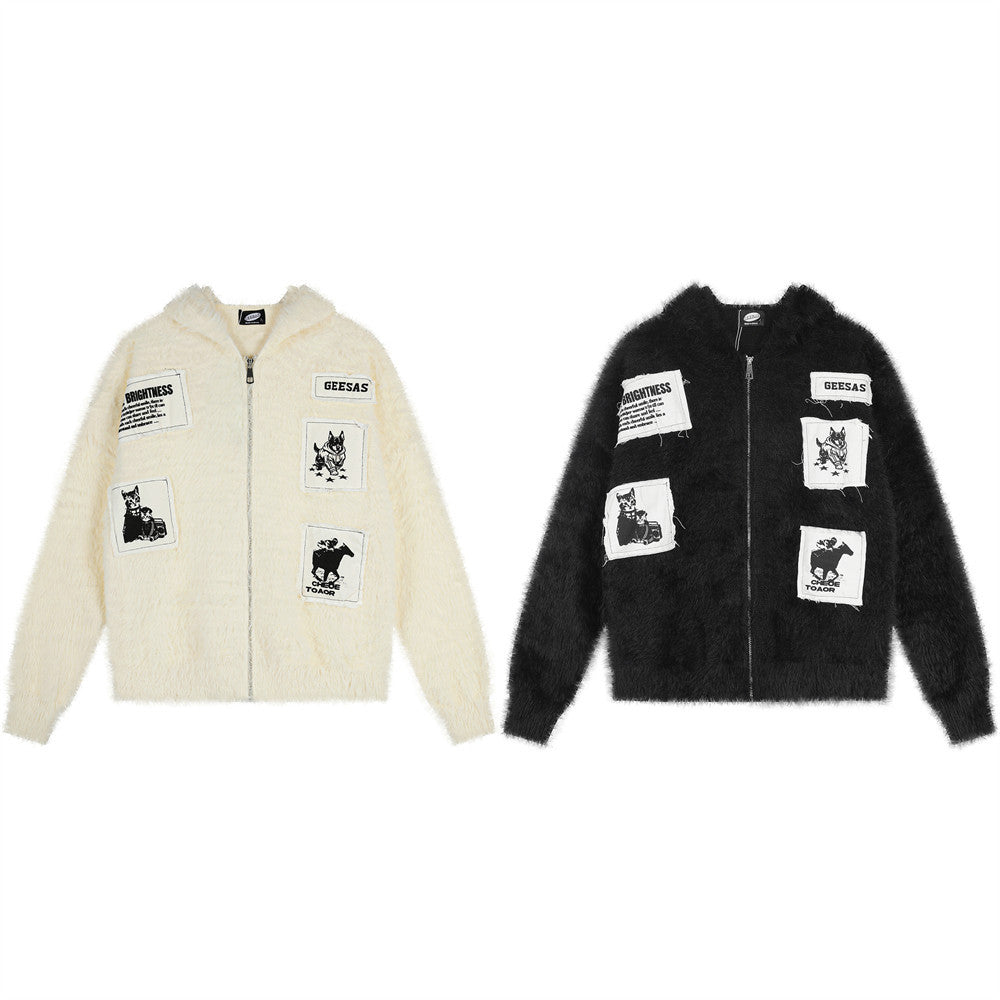 Fuzzy Knit Zip-Up Hoodie with Animal Patches – Streetwear Cardigan