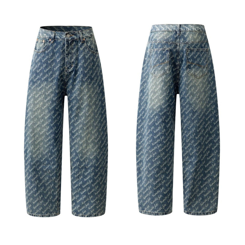 Men's wide-leg jeans in vintage washed blue with allover cursive script letter print, front and back view